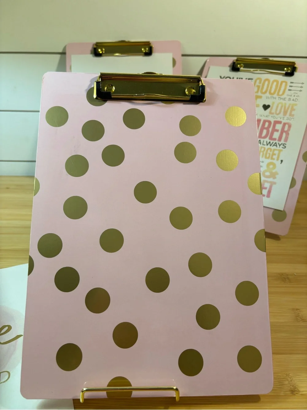 Trio of Pink & Gold Polka Dot Clipboards with Removable Inspirational Qoutes